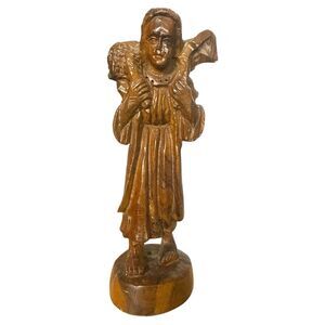 Large Hand Carved Wood Shepherd & Lamb Nativity  Christmas Figure  Vintage